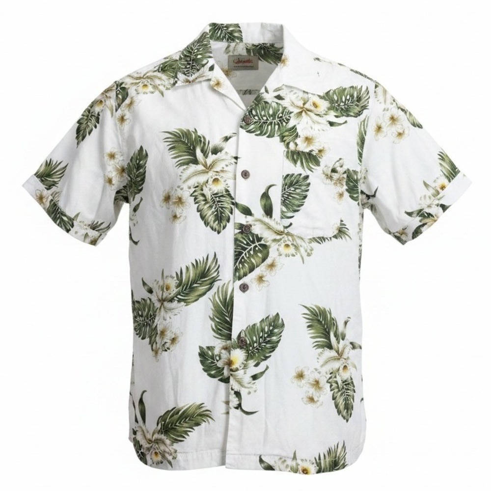 Sunny‎ Island Hawaiian Shirt Mens Medium White Green Tropical Floral Rayon Aloha
